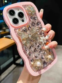 Vỏ điện thoại trang trí bằng đá quý & ngọc trai giả - Hồng - Xem 4