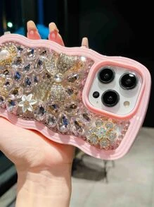 Vỏ điện thoại trang trí bằng đá quý & ngọc trai giả - Hồng - Xem 2