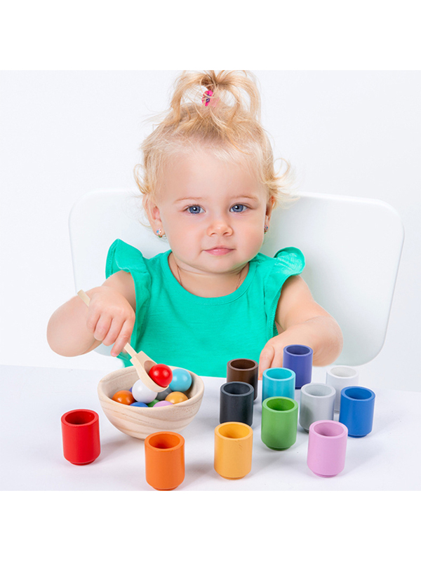 Baby Montessori Wooden Toy Rainbow Ball and Cups Color Sorting Games