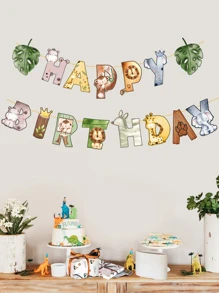 1pc Jungle Animal Happy Birthday Banner Pull Flag, Perfect Decoration Baby Birthday Party Background,Christmas
