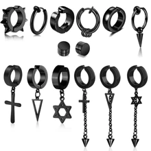 14 件黑色不锈钢非穿孔尖刺铆钉吊坠流苏夹式耳环套装适合男女男孩女孩，非穿孔假耳夹耳钉