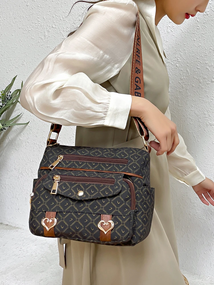 Vintage Heart Decor Square Shoulder Bag With Small Bag, Women's Artificial Leather Solid Color Multi-Pocket Crossbody Bag, Fashion Zipper Messenger Bag Gift For Mom, Waterproof Travel Satchel Bag Casual Purses Handbag Commuter Bags