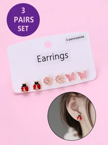 3對女孩蝴蝶和花朵裝飾耳釘 - 彩色 - 查看 1