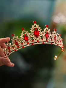 1 pieza Diadema de corona de aleación elegante y exquisita para la fiesta de boda de la mujer, tiaras reales. Accesorios del Día de San Valentín - Rojo - Ver 3
