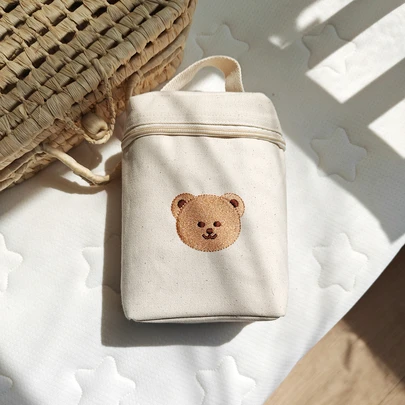 一個嬰兒米色防水帆布動物刺繡保溫媽媽袋，用於存儲奶水，四季通用