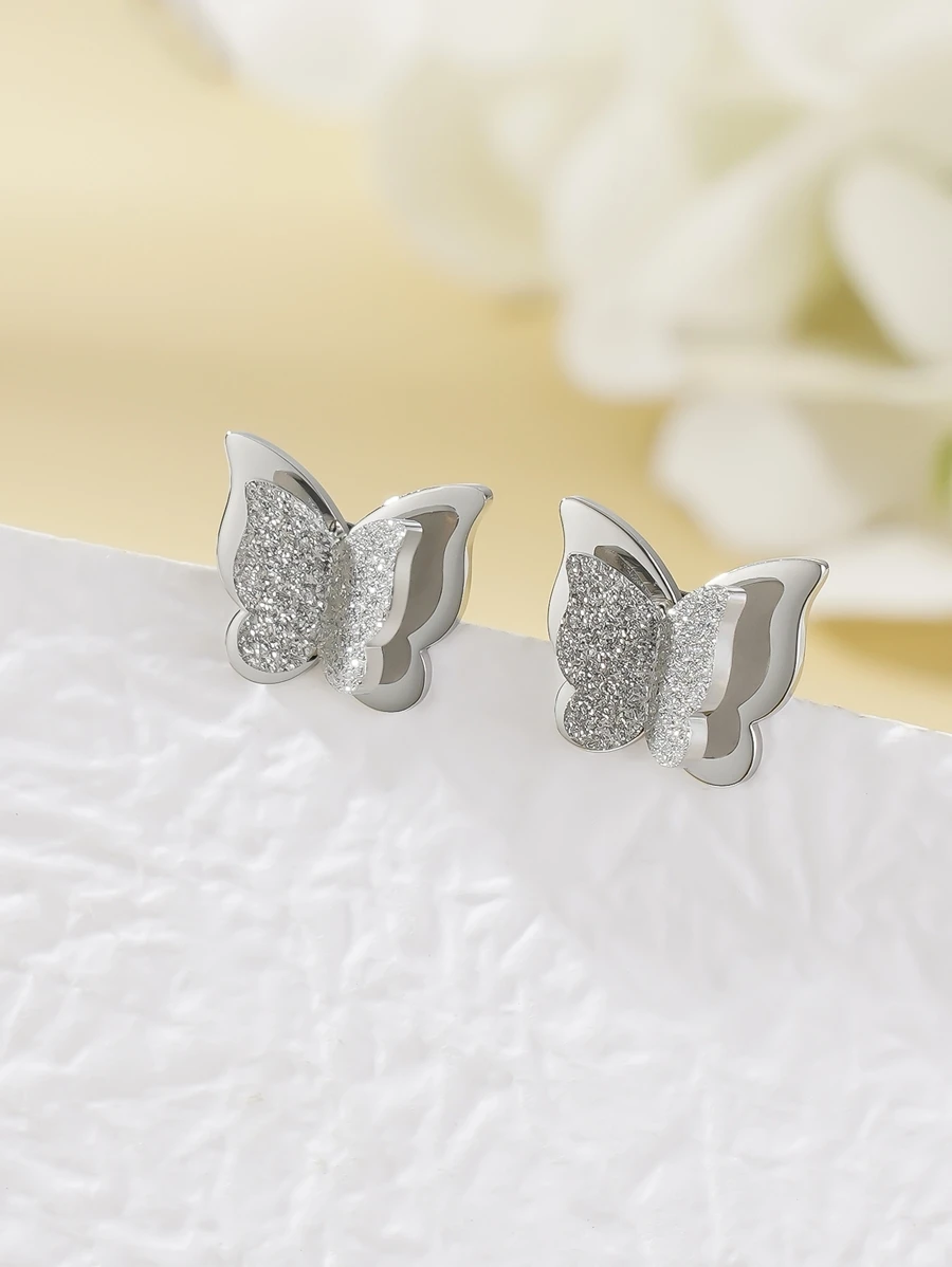 1pc Stainless Steel Butterfly Earring With Drill-Ball For Women, Unpopular Design High-End Ear Jewelry New Model - Silver - View 1