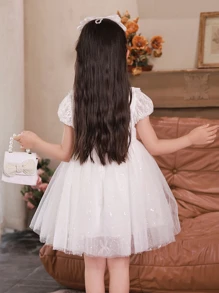 Vestido acampanado de encaje de manga corta para niñas preadolescentes para fiesta de cumpleaños, boda, vestido blanco con flores brillantes - Blanco - Ver 6