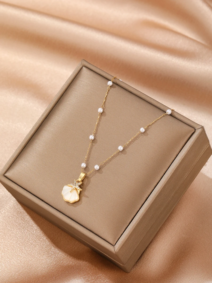 1pc Fashionable Faux Pearl Shell Shaped Rhinestone Decor Starfish Pendant Necklace - Yellow Gold - View 1