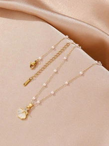 1pc Fashionable Faux Pearl Shell Shaped Rhinestone Decor Starfish Pendant Necklace - Yellow Gold - View 3