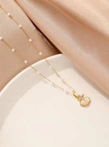 1pc Fashionable Faux Pearl Shell Shaped Rhinestone Decor Starfish Pendant Necklace - Yellow Gold - View 2
