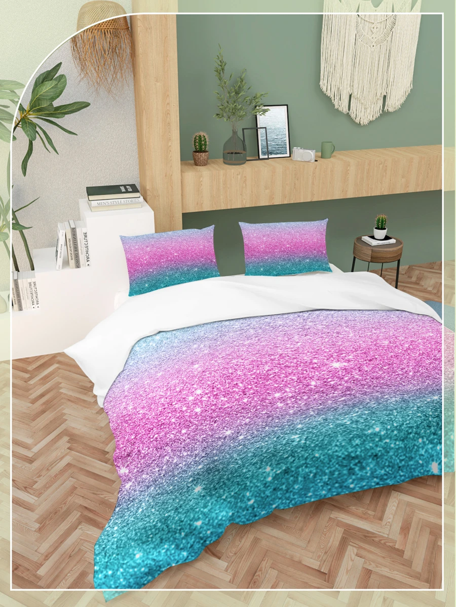 Colorful Glitter Bedding Girly Turquoise Blue Pink and Purple Pastel Colors Duvet Cover Set 3 Pieces Comforter Quilt Cover Zipper Closure Corner Ties - Pink - View 1