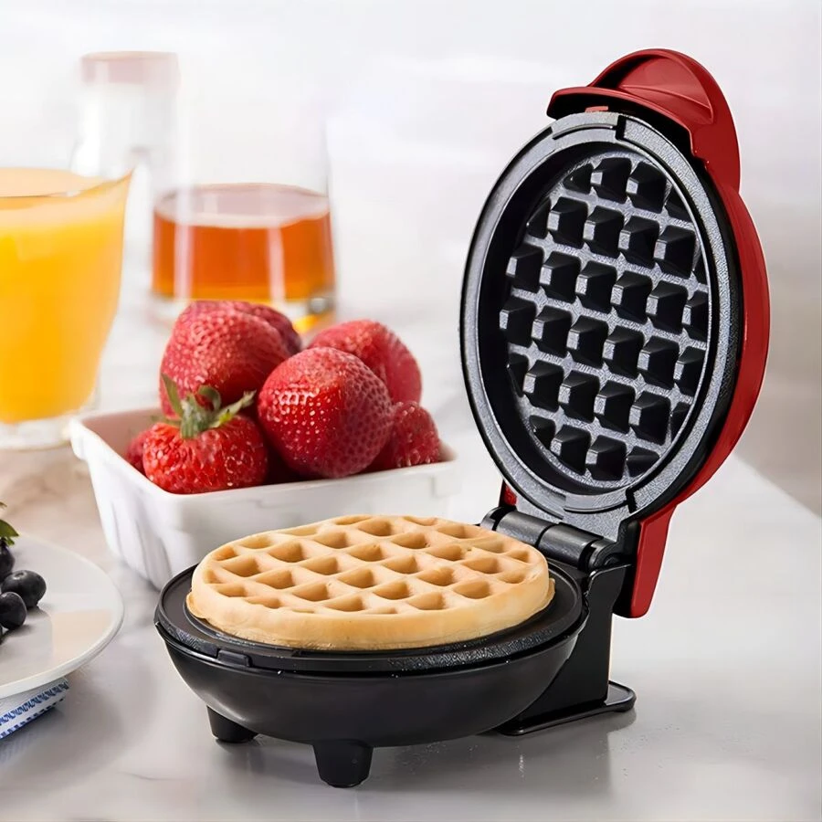 Mini Waffle Maker Small Round/Circular Breakfast Waffle Maker Machine 110v - Red - View 1