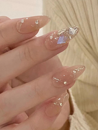 Uppgradera din look med 24 st glänsande naken kristall långa fyrkantiga tryck på naglar, lösnaglar med 3D-rhinestones Designs Full Cover Fake Nail Kit Konstgjorda långa akrylnaglar för kvinnor Nageltillbehör