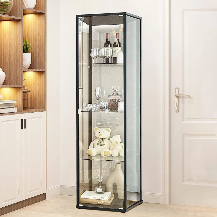 Glass Display Cabinets-4 Shelf Glass Display Case-Single Door Glass Countertop Display Showcase Cabinet -5 mm Tempered Glass - Black - View 1