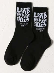 Calcetines de tripulación con estampado de slogan - Negro - Ver 1
