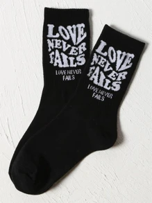 Calcetines de tripulación con estampado de slogan - Negro - Ver 2