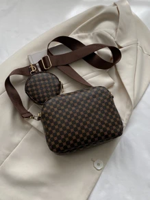 Mini Square Bag Geometric Pattern With Coin Purse Pu For Daily Life , Women Bag With Dime Bag - Coffee Brown - View 4