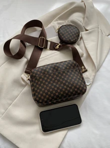 Mini Square Bag Geometric Pattern With Coin Purse Pu For Daily Life , Women Bag With Dime Bag - Coffee Brown - View 5