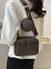 Mini Square Bag Geometric Pattern With Coin Purse Pu For Daily Life , Women Bag With Dime Bag - Coffee Brown - View 3