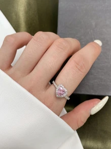 1入組時尚充分鉚釘粉色鑽石心形S925純銀女士戒指,理想適用於訂婚或者婚禮 - 粉色 - 查看 3