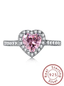 1入組時尚充分鉚釘粉色鑽石心形S925純銀女士戒指,理想適用於訂婚或者婚禮 - 粉色 - 查看 1