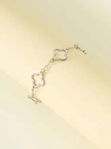 1pc Metallic Hollow Out Geometric Clover Chain Bracelet, Suitable For Women's Daily Wear Valentines - Silver - View 3