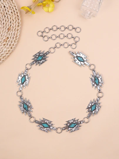 1件女性復古銀色重型土耳其石圖案牛仔褲腰鏈