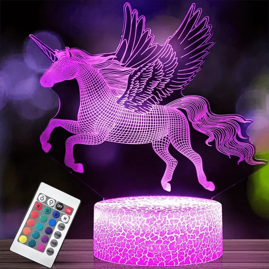 1入組3d獨角獸夜燈帶遙控和触摸控制，創意光學錯覺LED檯燈適用於臥室、假日、家庭、床頭裝飾16顆變色環境燈，送女生最好節日和生日禮物 - 彩色 - 查看 1