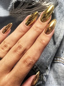 Y2K 美学金色金属指甲闪光粉纯色镜面镀铬颜料指甲装饰粉 带 1 个海绵涂抹器 - 金色 - 查看 3