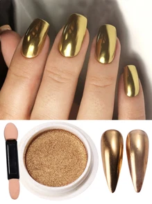 Y2K 美学金色金属指甲闪光粉纯色镜面镀铬颜料指甲装饰粉 带 1 个海绵涂抹器 - 金色 - 查看 1
