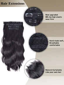 夾式髮束4入組,粗亮髮片長波浪夾式髮片滿頭20英寸合成髮纖維髮束女性用 - 巧克力棕 - 查看 5