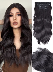 夾式髮束4入組,粗亮髮片長波浪夾式髮片滿頭20英寸合成髮纖維髮束女性用 - 巧克力棕 - 查看 1