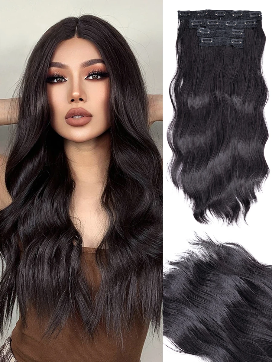 夾式髮束4入組,粗亮髮片長波浪夾式髮片滿頭20英寸合成髮纖維髮束女性用 - 巧克力棕 - 查看 1