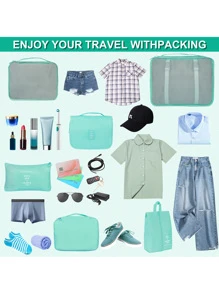 新款旅行收納袋套裝9入組便攜式包裝立方體適合出差、旅行手提箱、衣物分類收納袋學校用品房間裝飾臥室裝飾宿舍必需品適合學校學生老師 - 藍色 - 查看 5