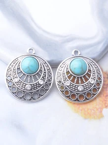 6pcs Bohemian Charm Antique Silver Color Carved Pattern With Resin Cabochons Imitation Turquoise Pendant DIY Earrings Jewelry Holiday - Antique Silver - View 2
