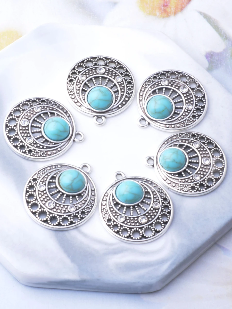 6pcs Bohemian Charm Antique Silver Color Carved Pattern With Resin Cabochons Imitation Turquoise Pendant DIY Earrings Jewelry Holiday - Antique Silver - View 1