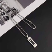 方形矩形幾何項鍊中性套頭毛衣鏈條女士優質鈦鋼男性和女士吊墜項鍊 - 銀色 - 查看 6