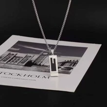 方形矩形幾何項鍊中性套頭毛衣鏈條女士優質鈦鋼男性和女士吊墜項鍊 - 銀色 - 查看 9