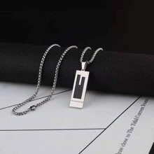 方形矩形幾何項鍊中性套頭毛衣鏈條女士優質鈦鋼男性和女士吊墜項鍊 - 銀色 - 查看 8