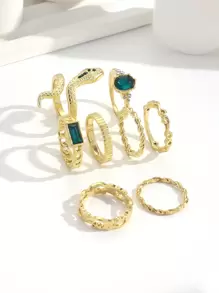 歐美Ins風格人造寶石戒指女式，高端海浪幾何鑲嵌食指水鑽戒指，女式開口蛇戒指套裝（8入組） - 金色 - 查看 6