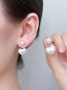 topshiny 1 Pair Minimalist Heart-Shaped Pearl Earrings, Korean Style Earrings For Women - White - View 2