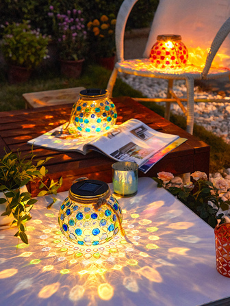 1 件红蓝波点形玻璃太阳能灯庭院灯马赛克罐灯玻璃灯景观灯氛围灯，户外花园照明，适用于小路、庭院、露台