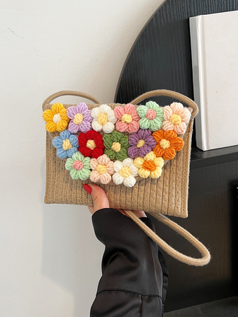 彩色勾織花裝飾夏天編織斜挎包
