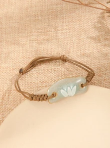 1pc Ceramic Cracked Texture Oval & Small Flower Decor Adjustable Bracelet - Multicolor - View 2