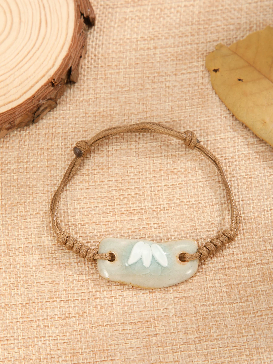 1pc Ceramic Cracked Texture Oval & Small Flower Decor Adjustable Bracelet - Multicolor - View 1