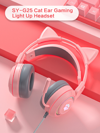 Reletech Headworn gaming music esports earphones, all inclusive noise reduction earphones, internet celebrity live streaming cute style headphones for men and women with cat ear adjustable volume and microphone
