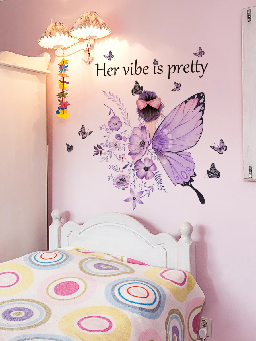 2pcs Butterfly & Figure Graphic Wall Sticker - Multicolor - View 1