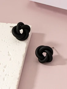 1pair Fashionable Minimalist Versatile Metal Twisted Flower Ear Studs - Black - View 1