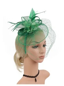 HOWAWAY 1pc Feather & Polka Dot & Mesh Face Shield & Hair Accessory For Women's Elegant Party Look - Green - View 2