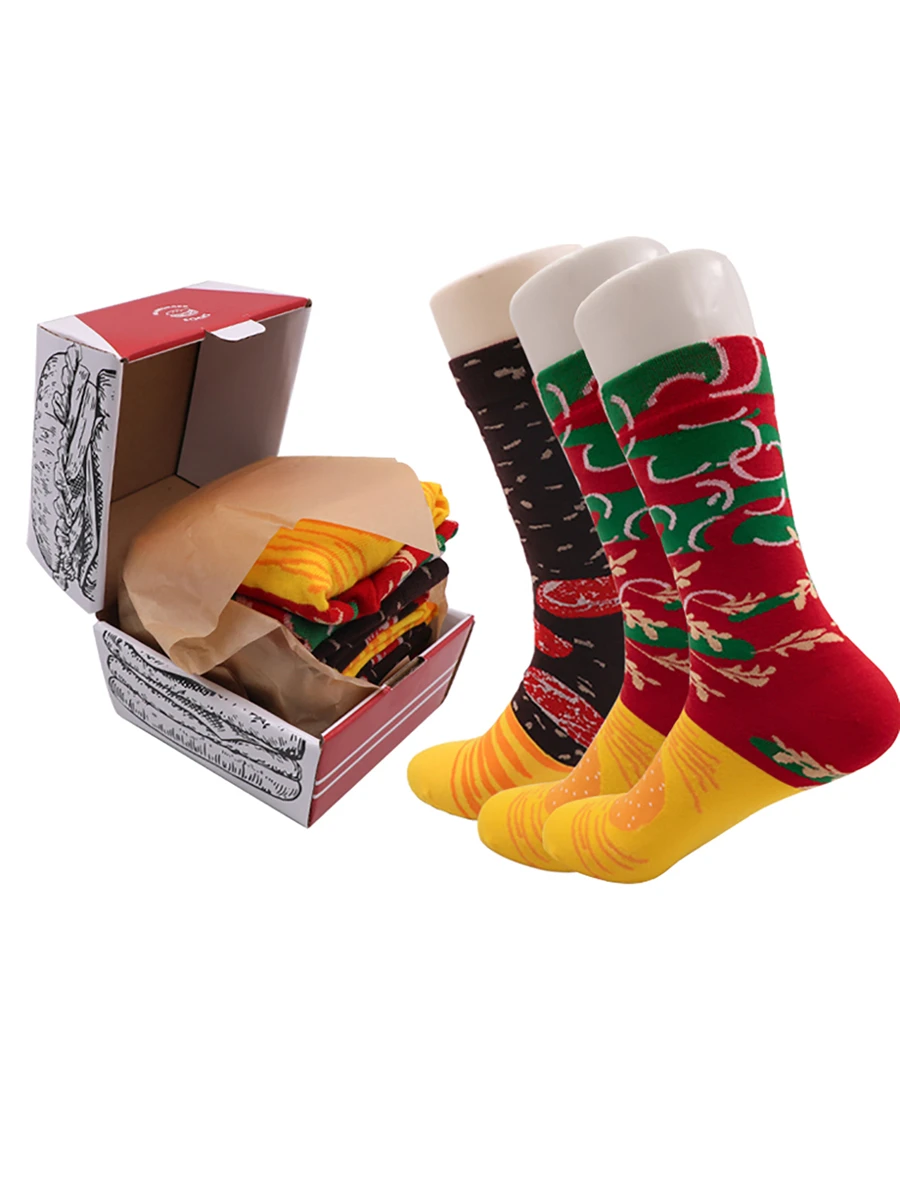 3pairs/set Hamburger Print Mid-calf Socks In Summer For Men, Couple Casual Socks, Gift Box